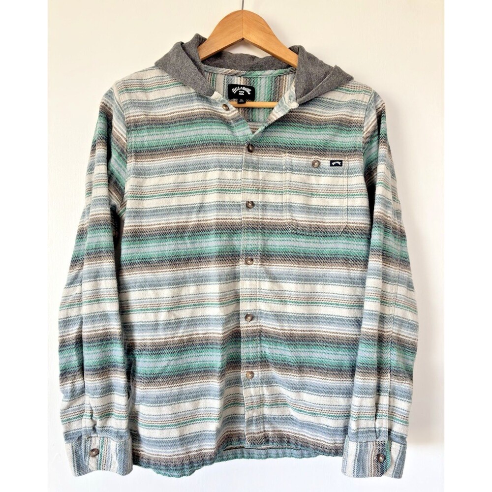 Billabong Baja Hoodie Youth XL  Flannel Surfer Skater Jacket Gray Teal Striped